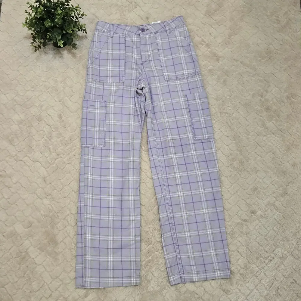H&M Divided Purple Plaid Cargo Cotton Pants, Size 2